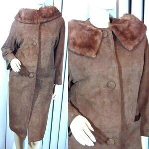 Vintage Shillito's Suede Leather Jacket 8 Long Trench Coat Fur Collar Dark Brown